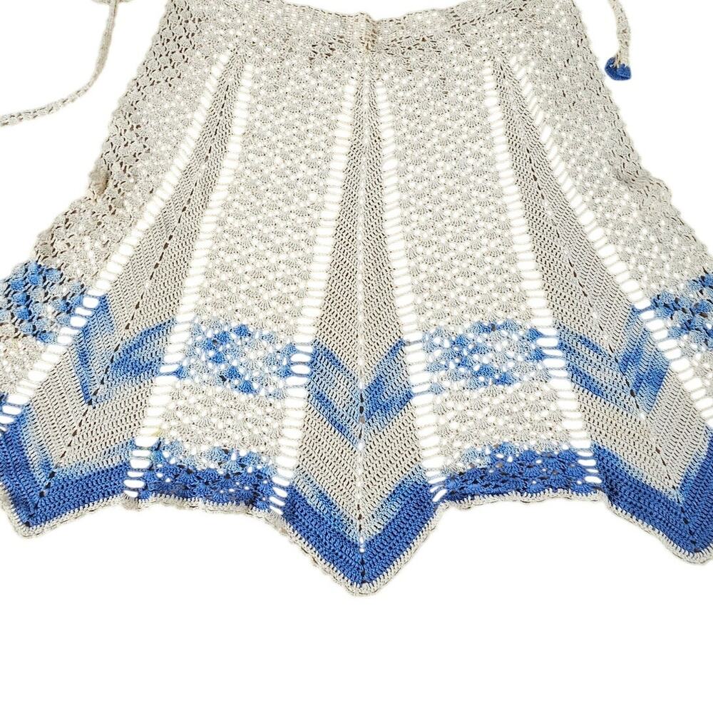 Vintage Hand Crochet Hostess Apron Ivory Blue Lace Tie Waist Cottagecore